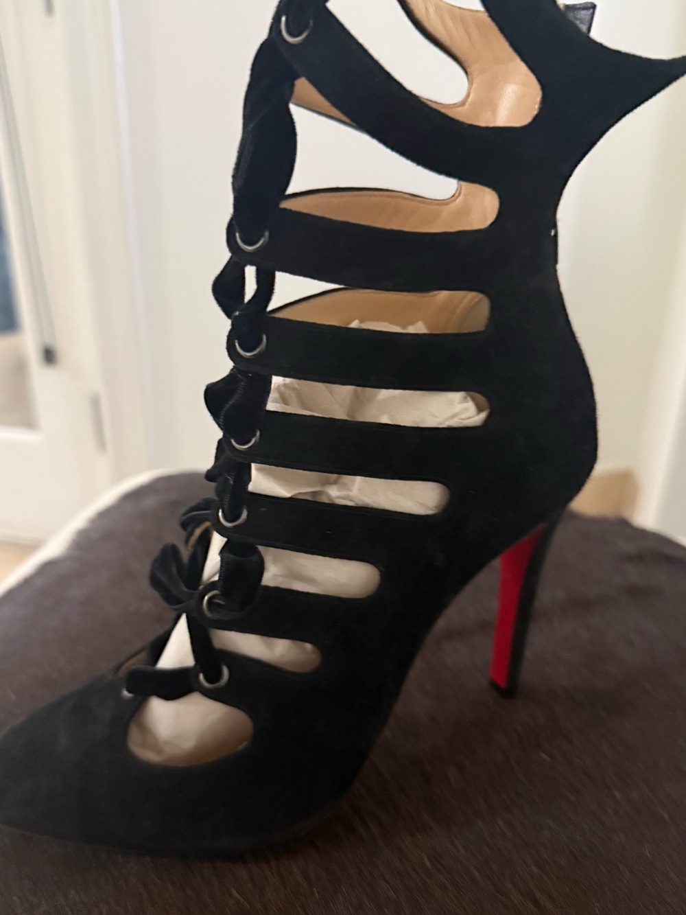 Christian Louboutin Black Suede Cage Lace-Up Stiletto with Red Sole